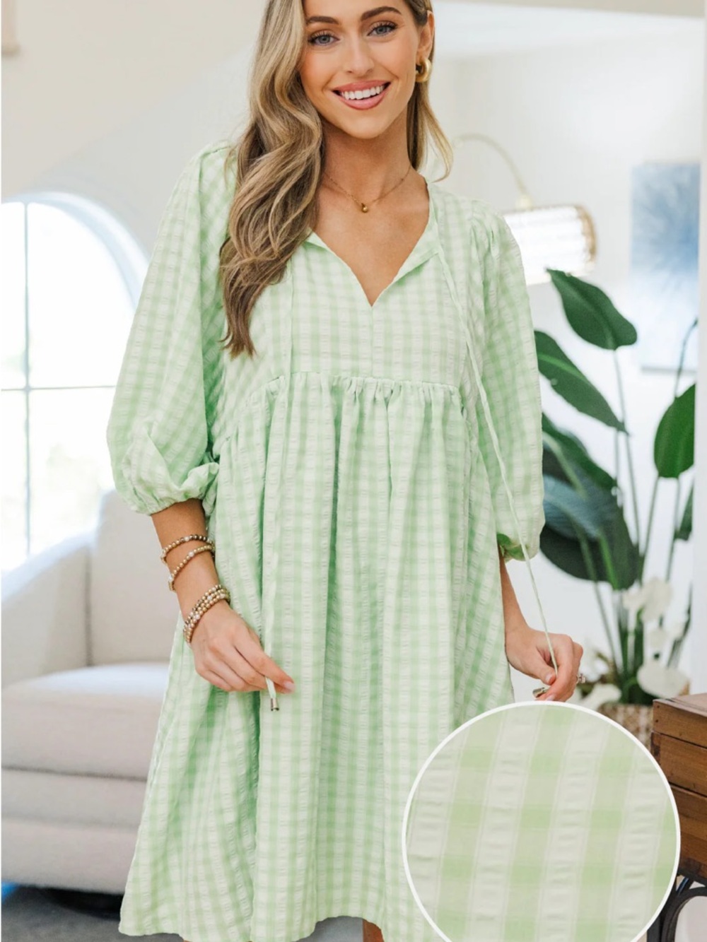 Light Green Gingham Babydoll Dress - Women